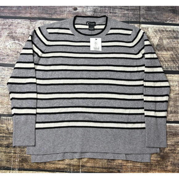 Bloomingdale's Sweaters - C by Bloomingdales Cashmere Sweater Women's Large Stripes Gray White Black NEW